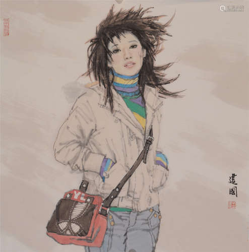 桑建国（b.1957）  都市少女 设色纸本  软片