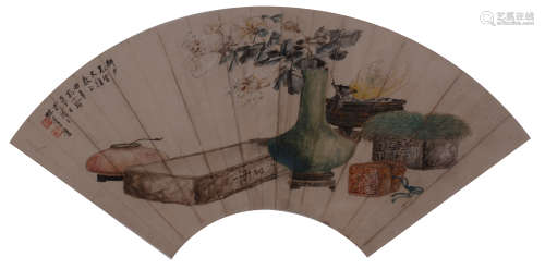 孔小瑜（1899－1984）  书画合璧设色纸本  镜框