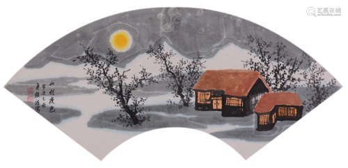 颜语（1921—2016）  山村夜色设色纸本  镜框  2015年作