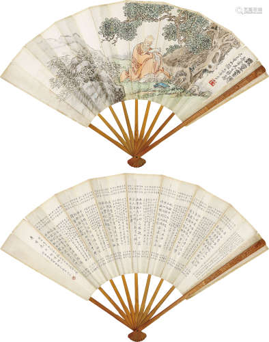 颜元、沈有壬 （1860-1934）（民国） 无量寿佛、书法 设色纸本 成扇