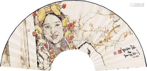 徐展 （b.1971） 藏族少女 设色纸本 扇片 2017年 作