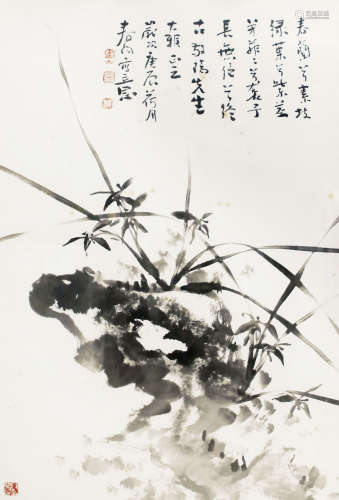 霍春阳 （b.1946） 兰石图 水墨纸本 镜框 2000年 作