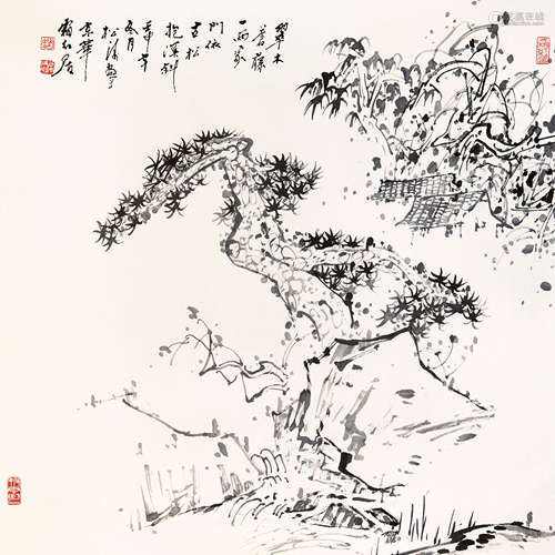 赵松涛 （1916-1993） 翠木苍藤 水墨纸本 镜框 1992年 作