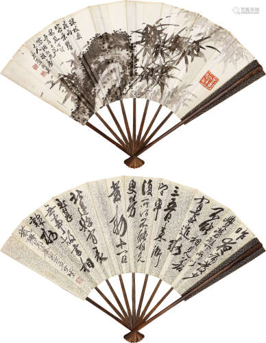 罗朝汉、孟广慧 （1868-1935）（1868-1941） 竹石图、书法 水墨纸本 成扇 1927年 作