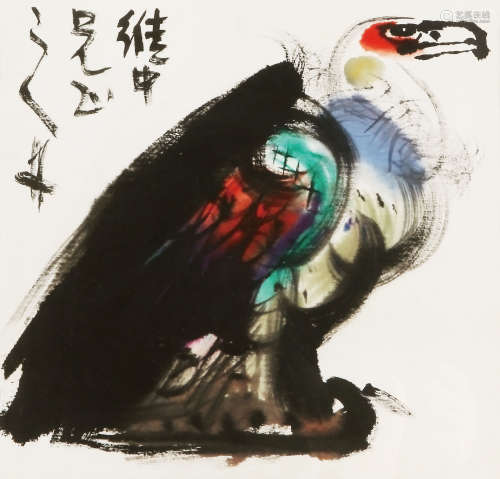 韩美林 （b.1936） 鹰姿勃发 设色纸本 镜框