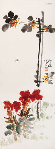 萧朗 （1917-2010） 虫跃花开 设色纸本 立轴