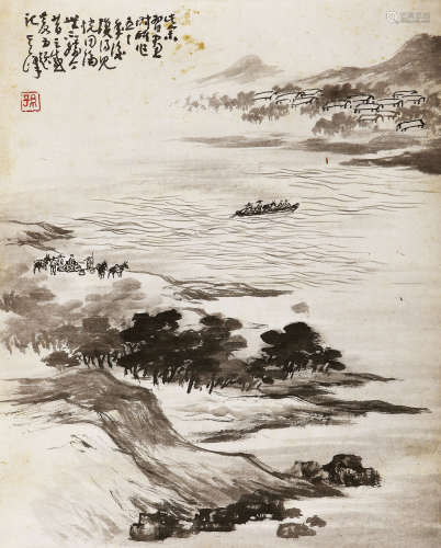 孙其峰 （b.1920） 泛舟江上 设色纸本 托片