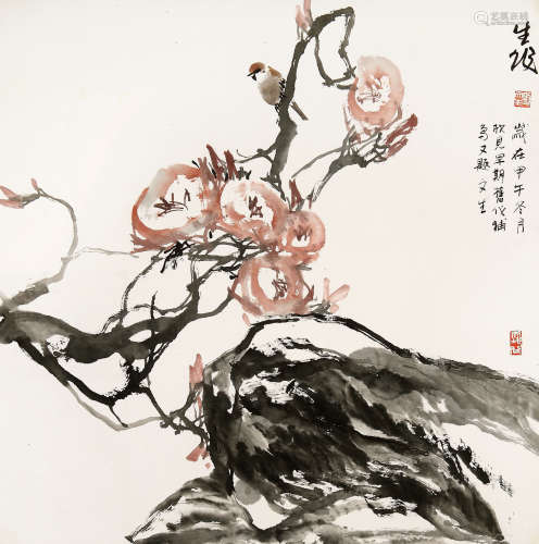 刘文生 （b.1956） 石榴小鸟 设色纸本 托片 2014年 作