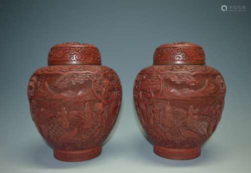 A PAIR OF LACQUERWARE JARS WITH COVER