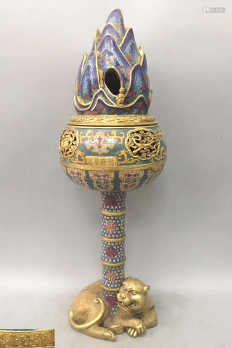 A QIANLONG MARK BRONZE CLOISONNE ENAMEL TRIPOD INSENSOR