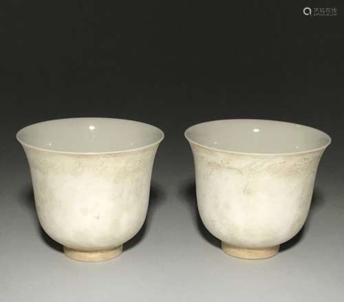 Kangxi Mark, A Pair of Carved White Glazed Cups