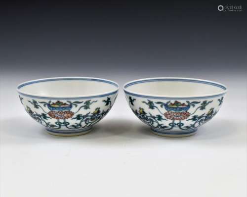 PAIR OF CHINESE QING DYNASTY DOUCAI RICE BOWLS