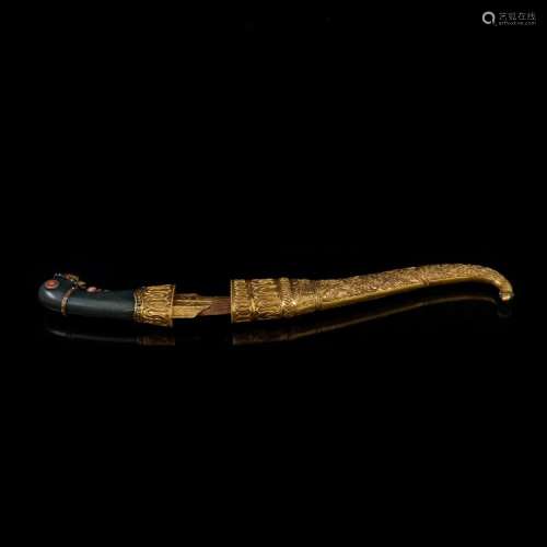 18TH C CHINESE GILT BRONZE & GREEN JADE KNIFE