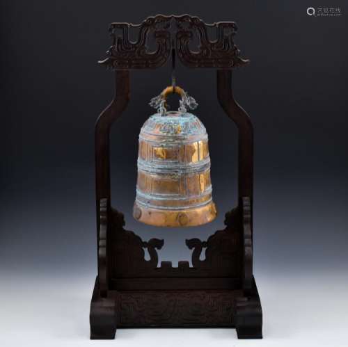 CHINESE GILT-BRONZE RITUAL BELL ON STAND