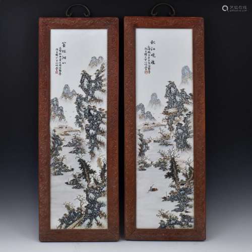 PAIR OF PORCELAIN PAINTINGS WALL FRAME