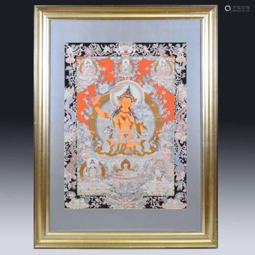 19TH C FRAMED THANGKA OF ARAPACHANA WHITE MANJUSHRI