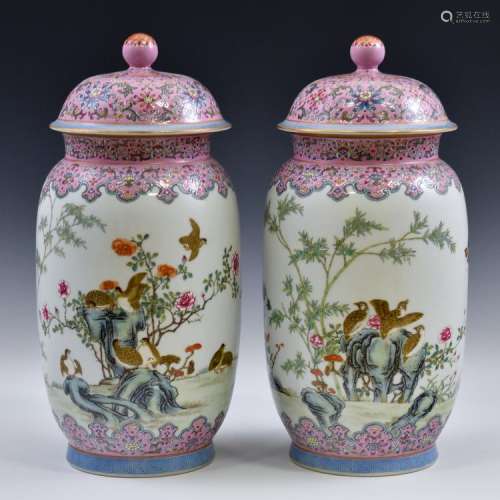 PAIR OF CHINESE FAMILLE ROSE PORCELAIN TEMPLE JARS