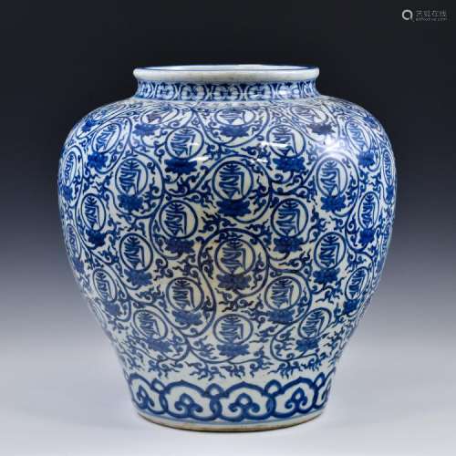 LARGE MING BLUE AND WHITE HUNDREDS LONGEVITY SHOU JAR