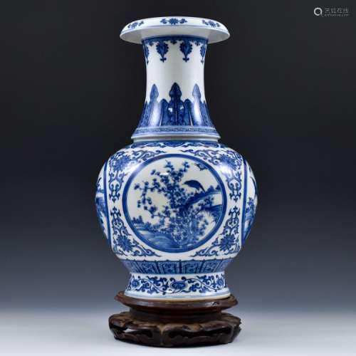 CHINESE BLUE & WHITE MAGPIE AND PLUM BLOSSOM VASE ON STAND