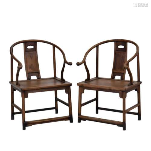 18TH C PAIR HUANGHUALI HORSESHOE BACK ARMCHAIRS