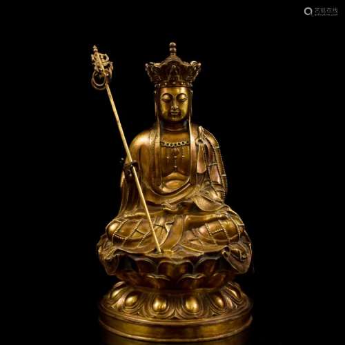 18TH C CHINESE GILT BRONZE DIZANG KING BUDDHA