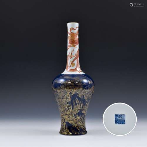 RARE CHINESE QING GILT AND RED DRAGON WILLOW VASE