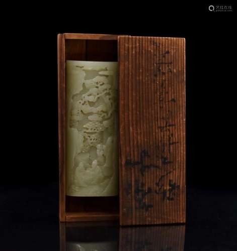 19TH CHINESE JADE PANORAMIC ARM REST IN BOX