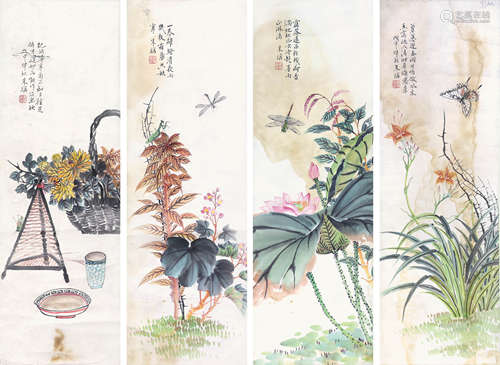 朱偁   花卉草蟲  四屏