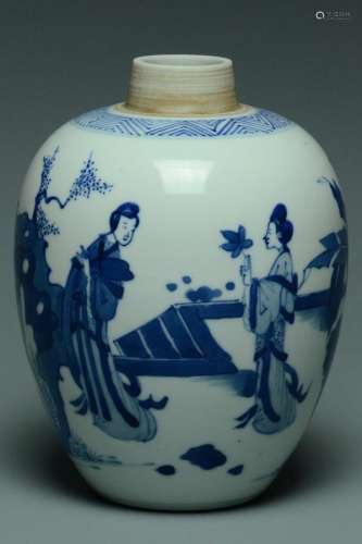 A QING DYNASTY BLUE AND WHITE FIGURE SUBJECT JAR