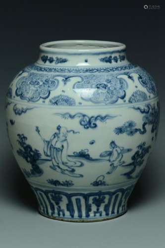 A MING DYNASTY BLUE AND WHITE FIGURE SUBJECT JAR