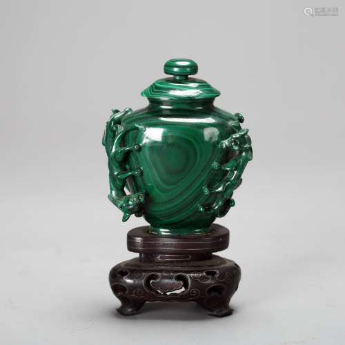 CHINESE MALACHITE CARVED COVER VASE WITH STAND
