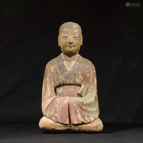 LARGE CHINESE POLYCHROME CLAY FIGURE OF MONK