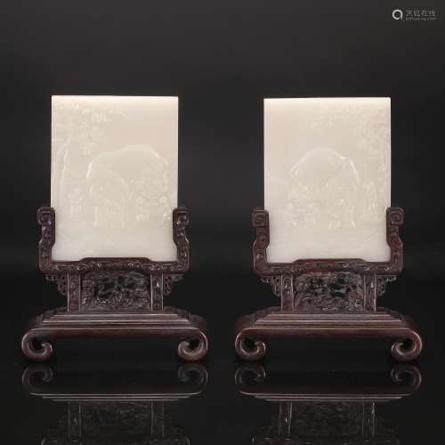 PAIR OF CHINESE WHITE JADE PLAQUE TABLE SCREEN
