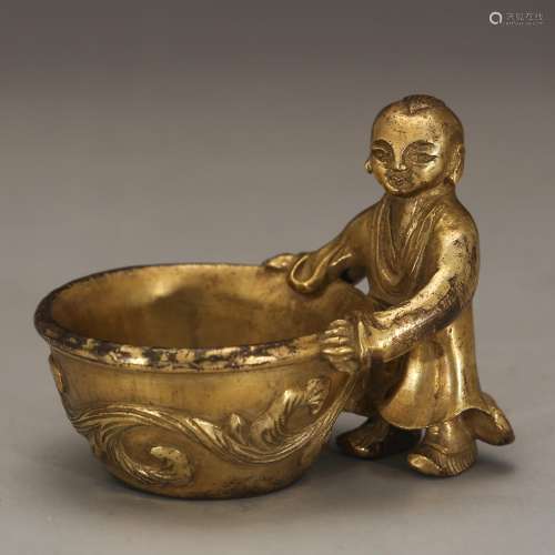 CHINESE GILT BRONZE FIGURE OF BOY AND BOWL