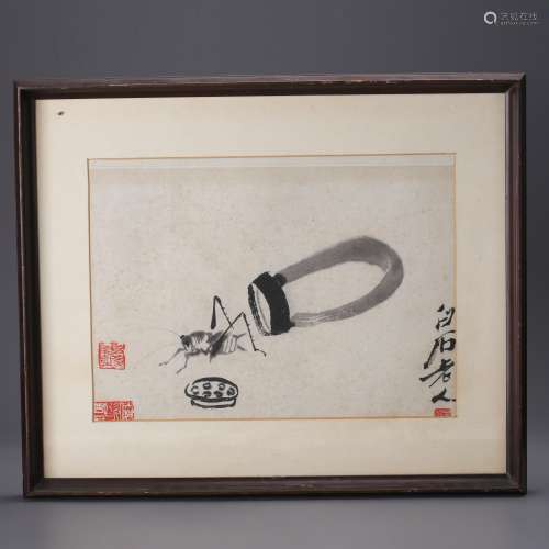 CHINESE FRAMED PAINTING OF CRICKET BY QI BAISHI
