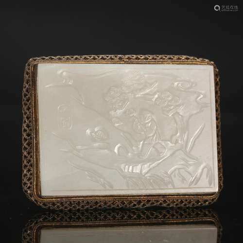 CHINESE WHITE JADE PLAQUE BRONZE BELT BUCKLE