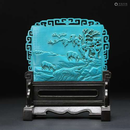 CHINESE PEKING GLASS TABLE SCREEN CARVED SCENERY
