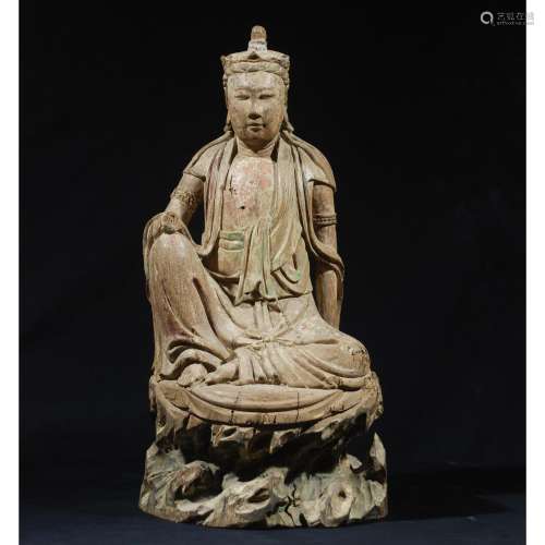 LARGE CHINESE POLYCHROME WOOD FIGURE OF SEATED GUA