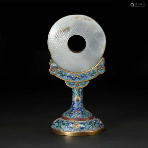 CHINESE JADE BI DISK ON CLOISONNE STAND