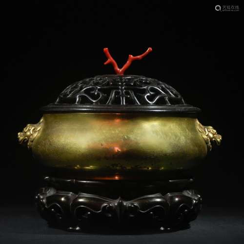 CHINESE GILT BRONZE CENSER WITH FOOLION MASK