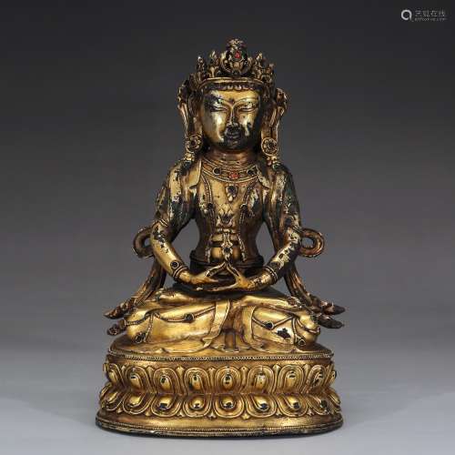 CHINESE QING DYNASTY GILT BRONZE FIGURE OF GUANYIN