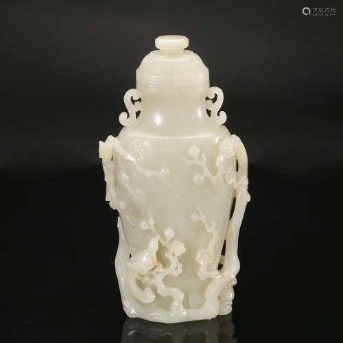 CHINESE WHITE JADE COVER VASE CARVED FLOWERS