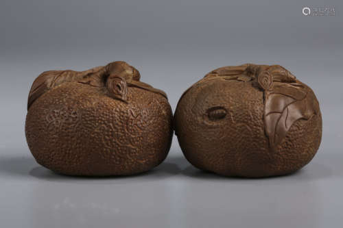 A Set of Two Chinese Carved Wood Oranges Decorations