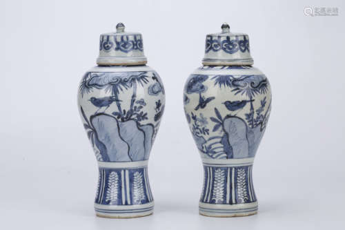 A Pair of Chinese Blue and White Porcelain Jars with Cover