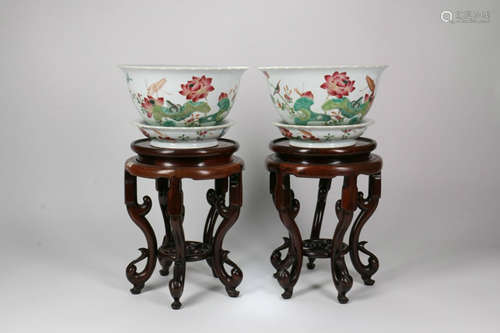 A Pair of Chinese Famille Rose Planters  with Wood Stands