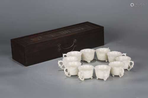 A Set of Ten Chinese Carved White Jade Cups