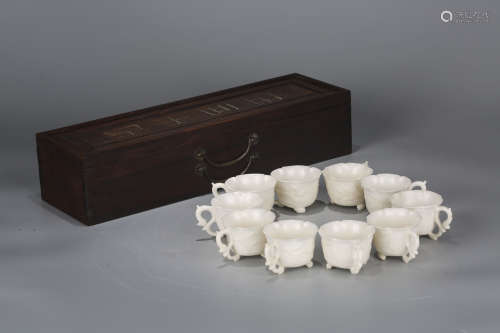 A Set of Ten Chinese Carved White Jade Cups