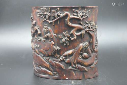 A Chinese Carved Hard Wood Brush Pot