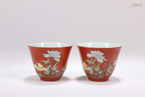 A Pair of Chinese Red Glazed Porcelian Cups