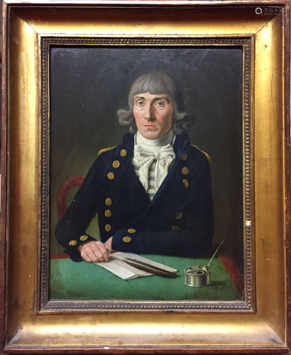 Jacob SCHWARZENBACH (1763-1805), attribué à, Portrait d'un homme à la plume, ou l'Officier de Marine Huile sur panneau, signé sur la marge 30 x 21 cm  Provenance : tampon à la cire de la collection, au verso